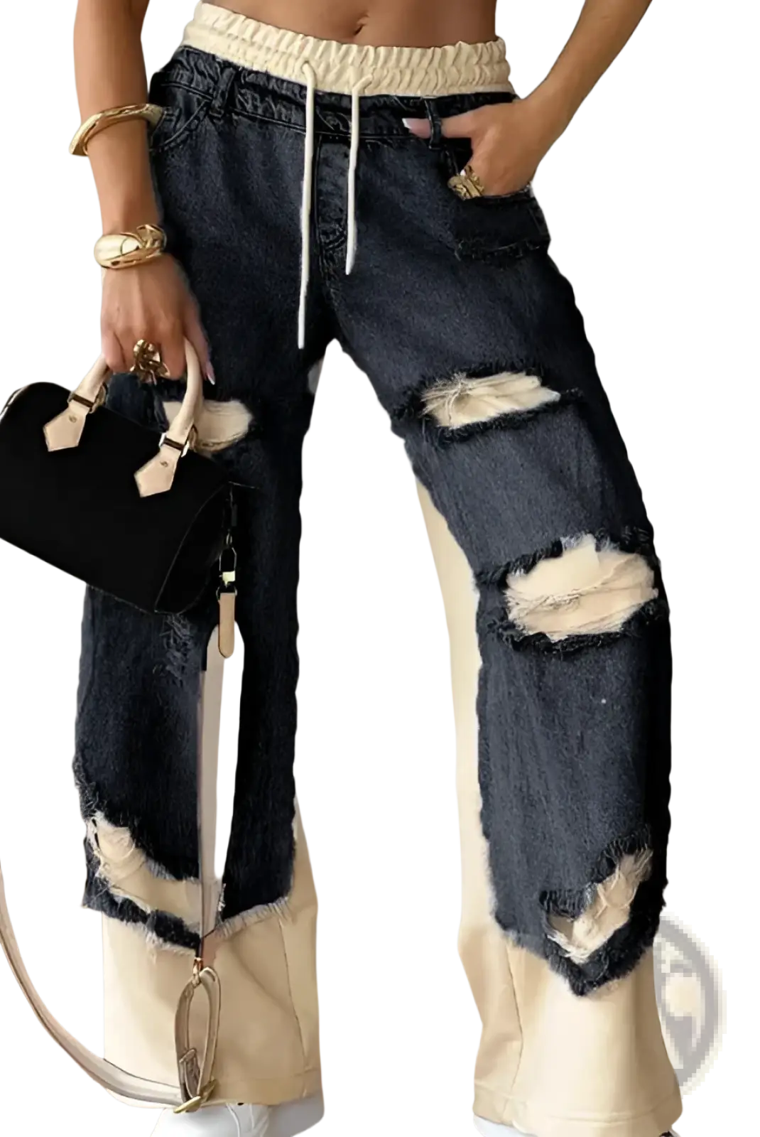Dark blue denim jeans with distressed ripped patches and cream contrast fabric at waistband and lower legs