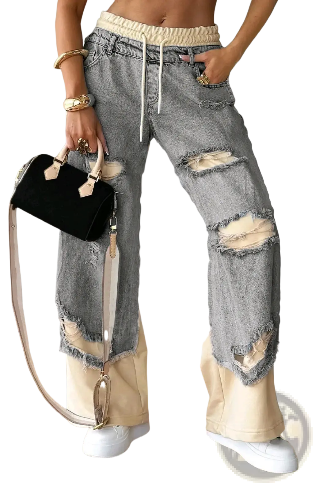 Distressed gray denim streetwear jeans with beige elastic waistband and frayed ripped details