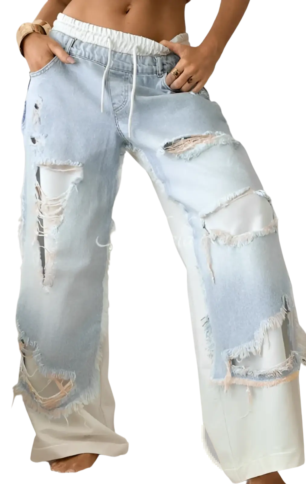 Light-wash stitched contrast denim streetwear jeans with distressed ripped details and drawstring waistband