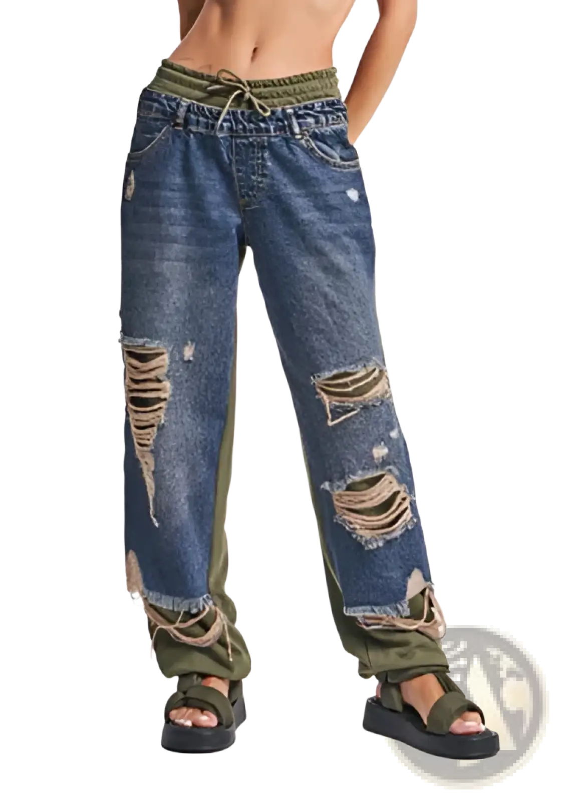 Distressed blue denim streetwear jeans with olive green drawstring waistband and frayed ripped details
