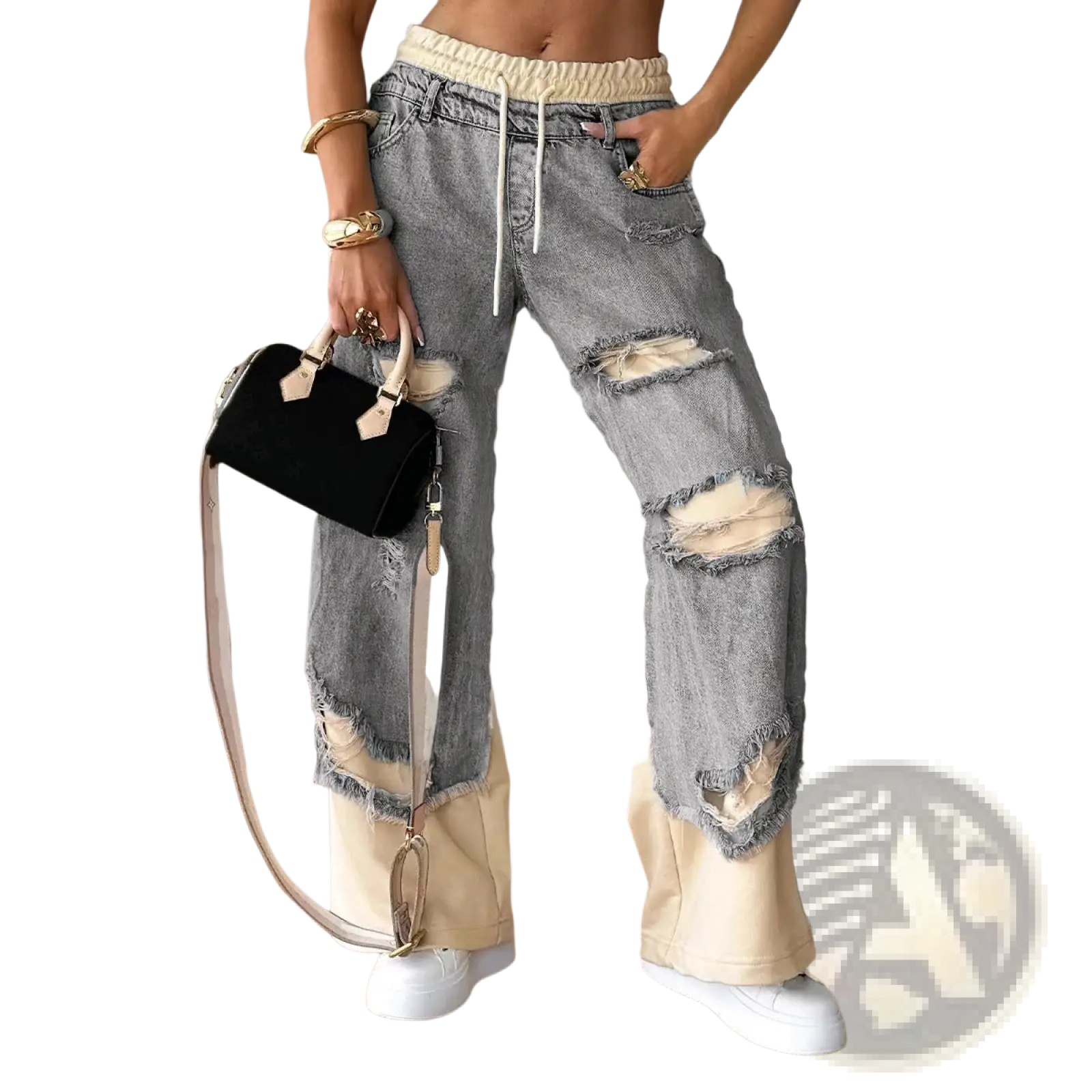 Distressed gray denim wide-leg streetwear jeans with beige fabric patches and frayed edges called stitched contrast denim
