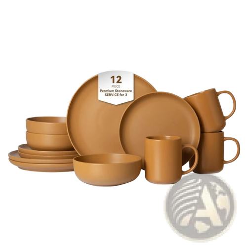 Tan ceramic stoneware dinnerware set with minimalist design and matte glaze finish for three people 12 pieces