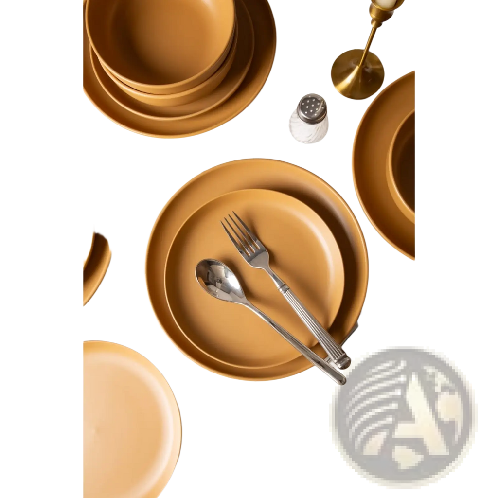 Set of 12 piece matte glaze mustard yellow stoneware dinnerware with matching plates bowls and silver cutlery for three