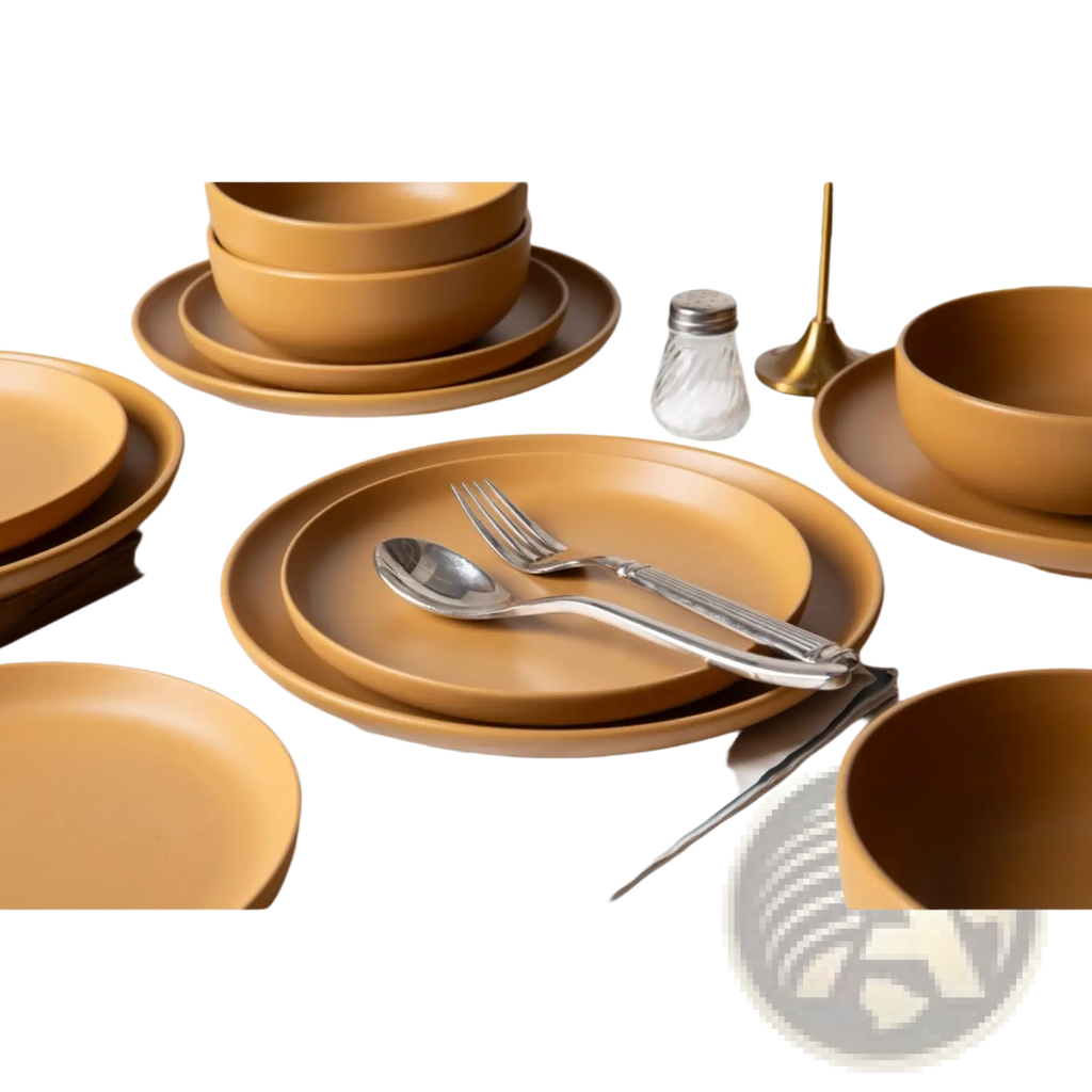 Set of 12 piece matte glaze mustard-yellow stoneware dinnerware with matching bowls and plates for three people