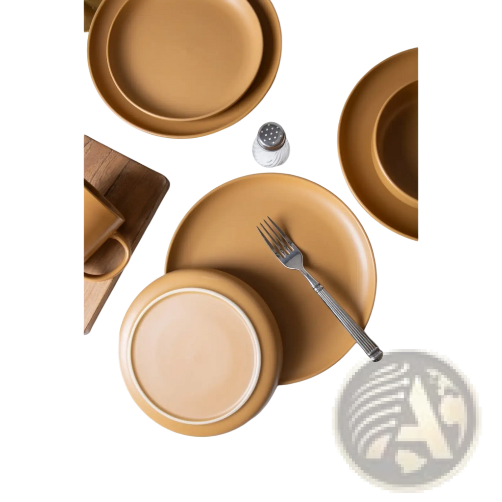 Set of 12 matte tan ceramic stoneware dinnerware plates with subtle rim detailing for everyday use
