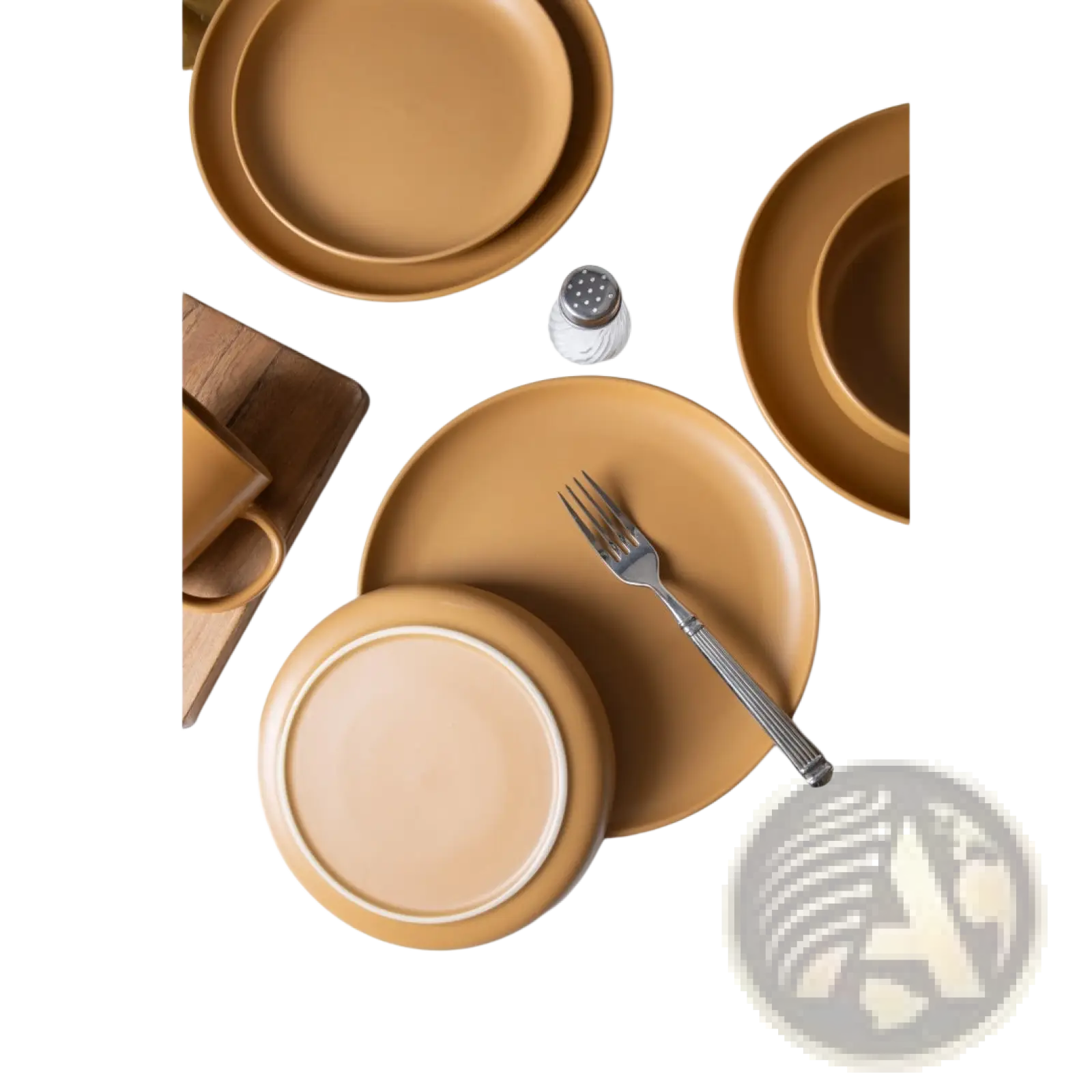 Set of 12 matte tan ceramic stoneware dinnerware plates with subtle rim detailing for everyday use