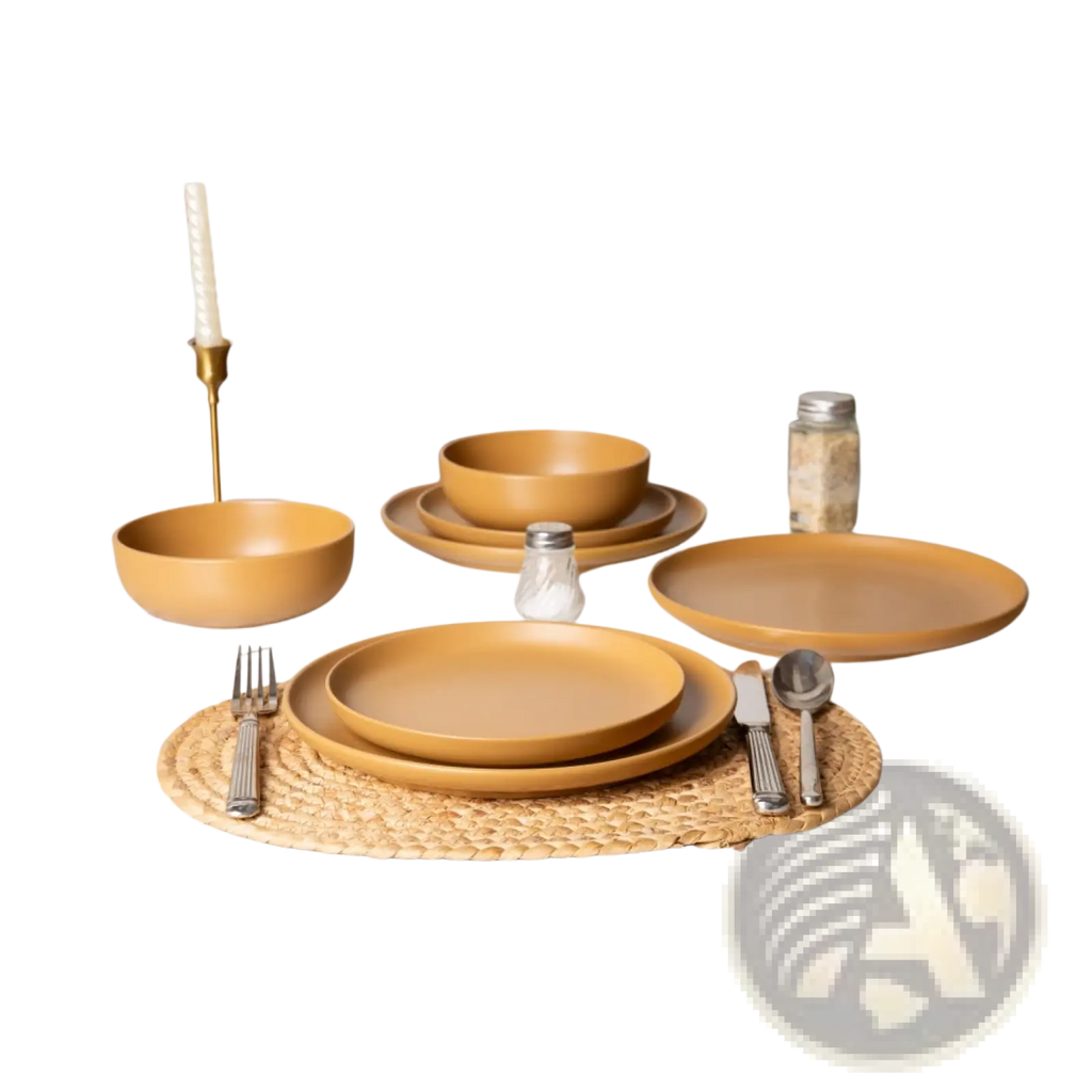 Stoneware dinnerware set 12 piece for 4 with warm amber ceramic plates and bowls featuring matte glaze and minimalist design