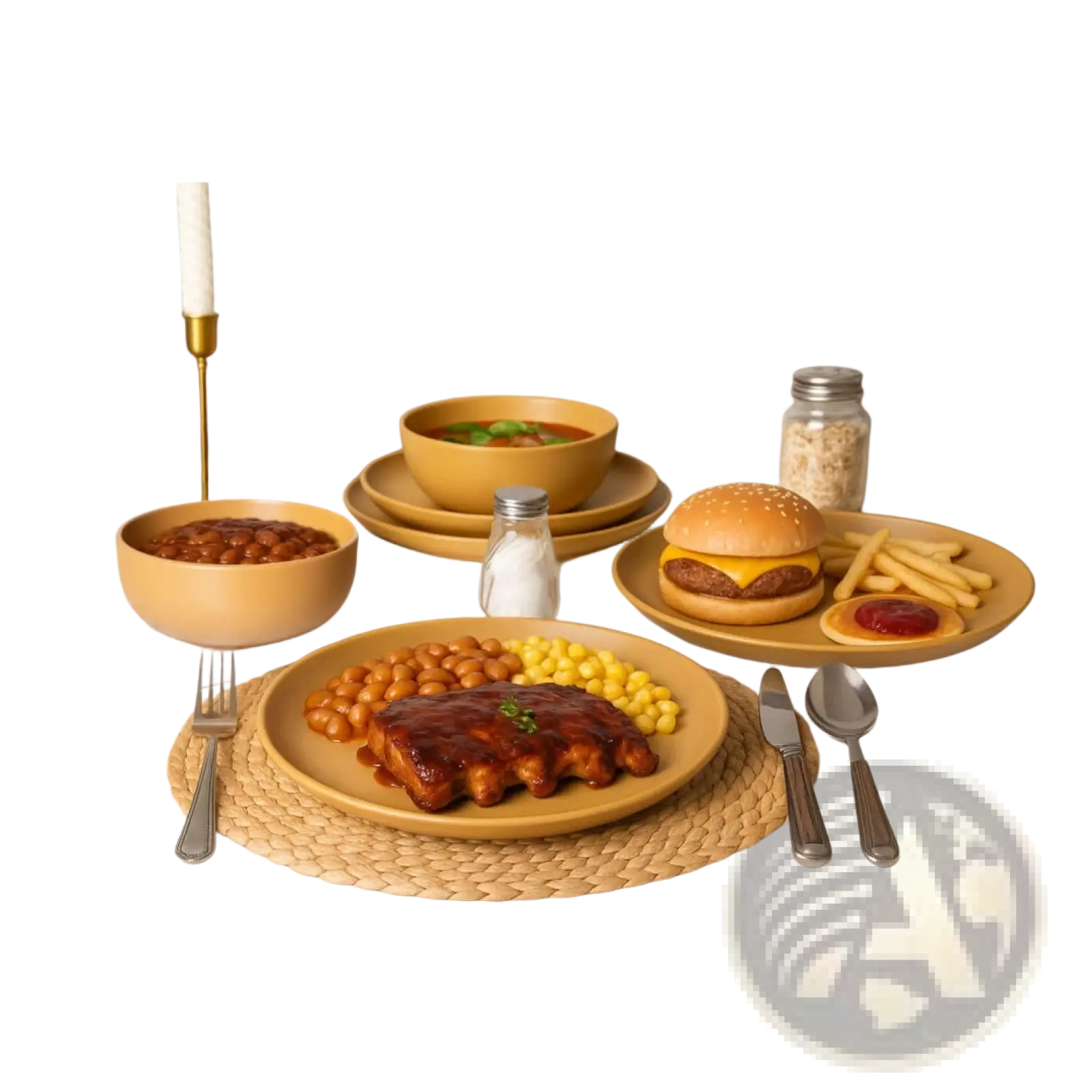 Stoneware dinnerware set 12 piece matte glaze warm-toned ceramic plate with glazed pork chop corn and baked beans serving