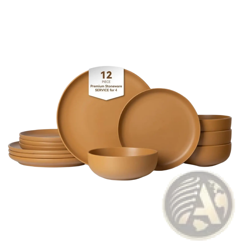 Tan stoneware dinnerware set 12 piece matte glaze with minimalist design for four in ceramic material