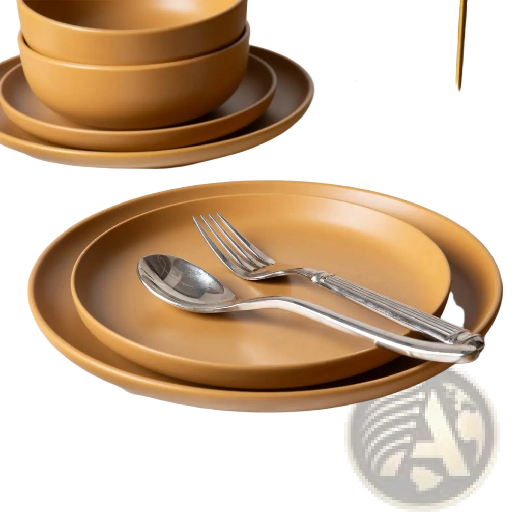 Stoneware dinnerware set 12 piece matte glaze in warm terracotta with polished stainless steel flatware for four