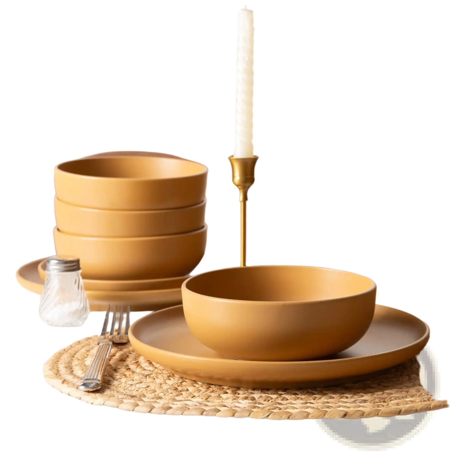 Warm amber stoneware ceramic bowls with smooth matte glaze in a 12 piece dinnerware set for four people