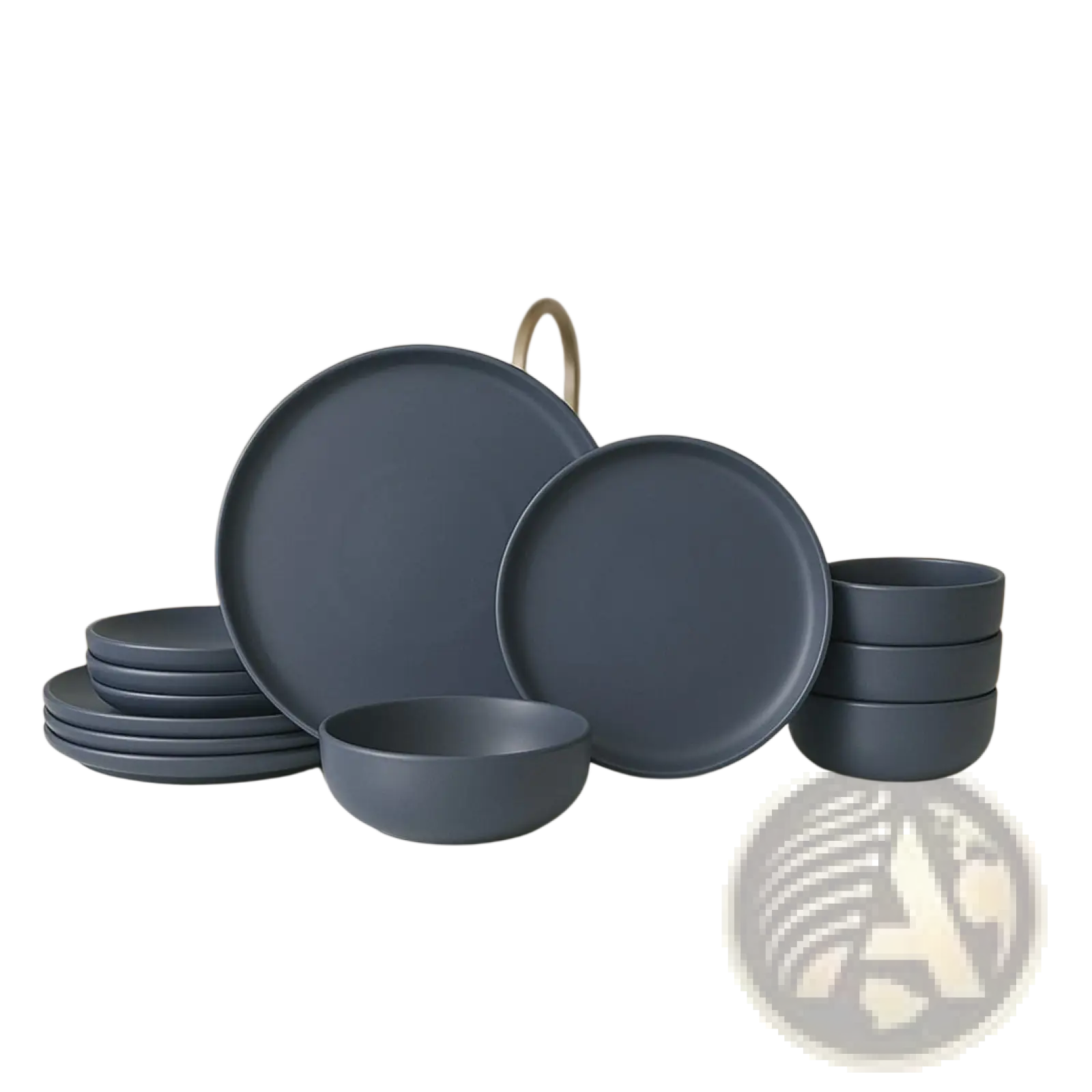 Set of 12 piece matte blue ceramic stoneware dinnerware with minimalist design for four people