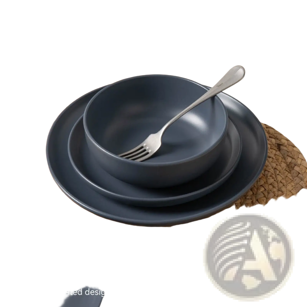 Set of 12-piece dark gray matte porcelain stoneware dinnerware set with minimalist design for four people