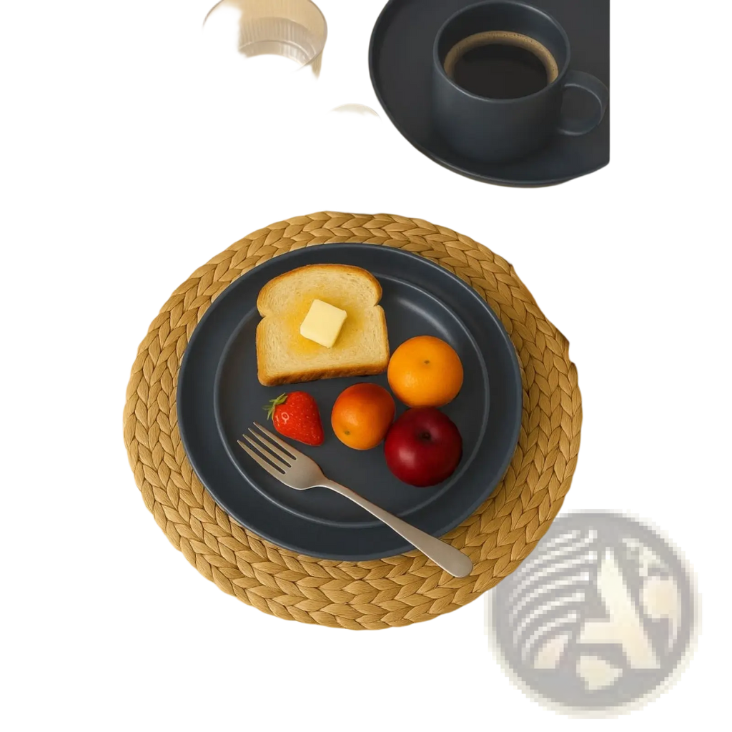 Dark blue ceramic plate from stoneware dinnerware set 12 piece matte gray displaying toast with butter and fresh fruit