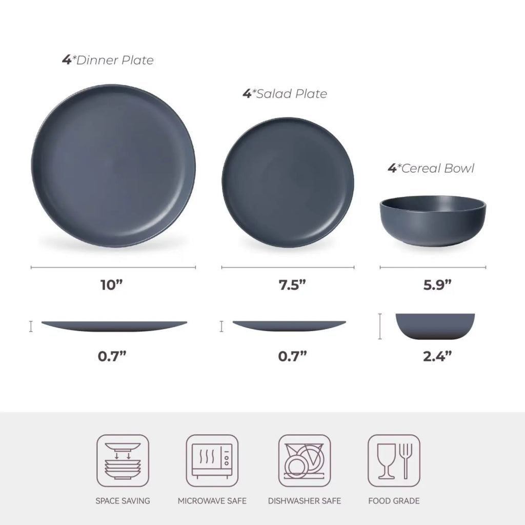 Set of four matte gray stoneware dinner plates salad plates and cereal bowls with minimalist design for four users