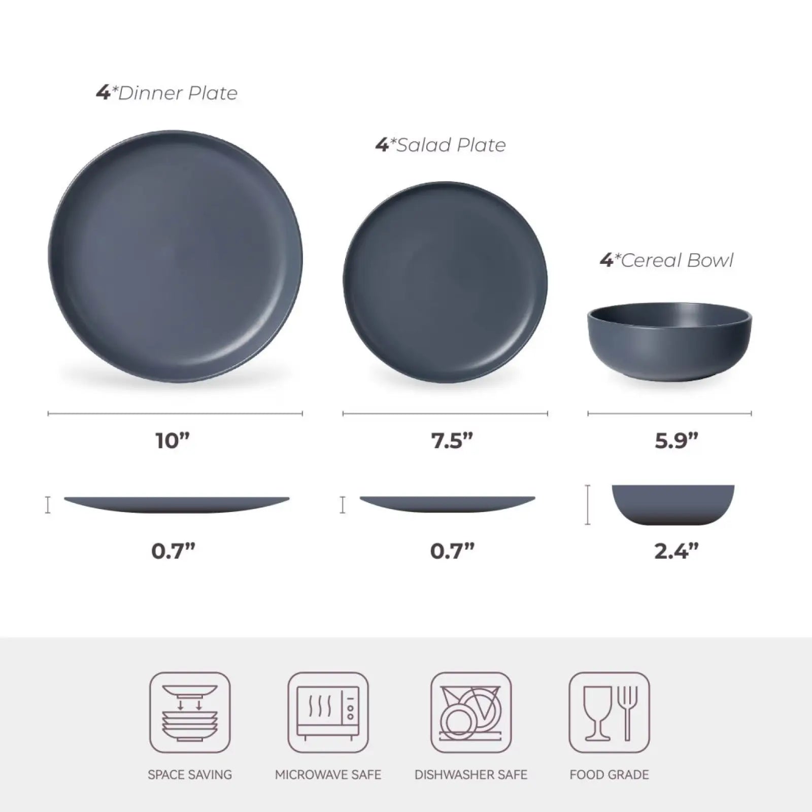 Set of four matte gray stoneware dinner plates salad plates and cereal bowls with minimalist design for four users