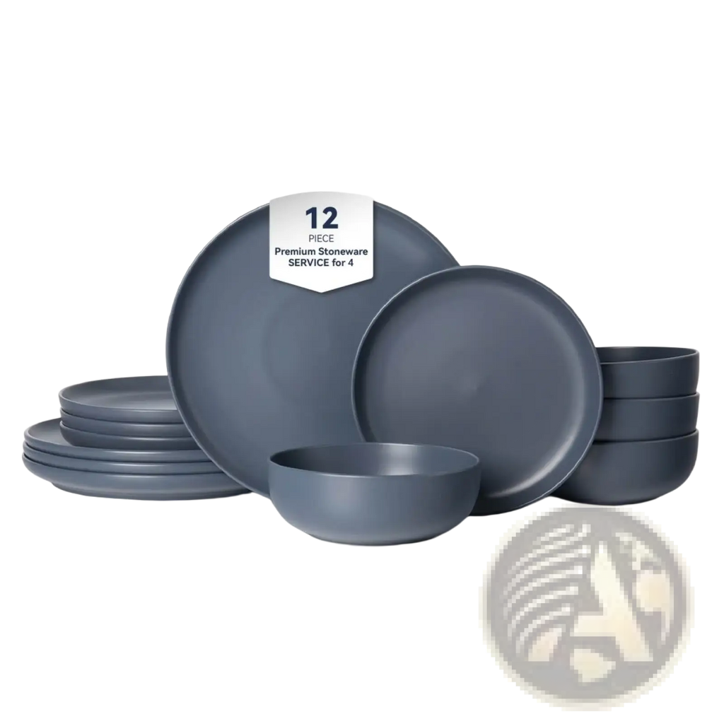 Stoneware dinnerware set 12 piece matte gray for 4 with dark gray matte finish and durable stoneware material