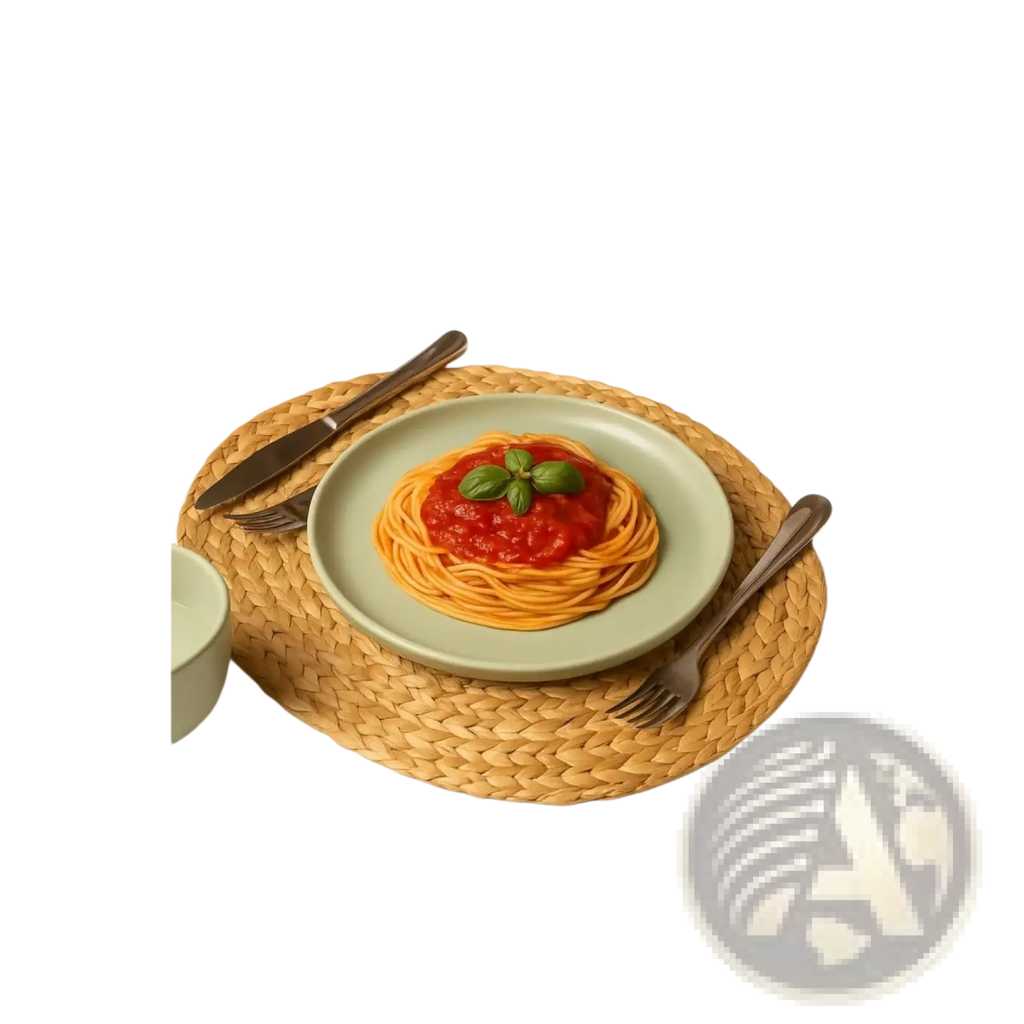 A light green matte stoneware dinner plate from the 12 piece sage green set holding spaghetti with tomato sauce and basil
