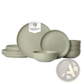 A minimalist 12-piece sage green stoneware dinnerware set with smooth matte-finished plates and bowls for four
