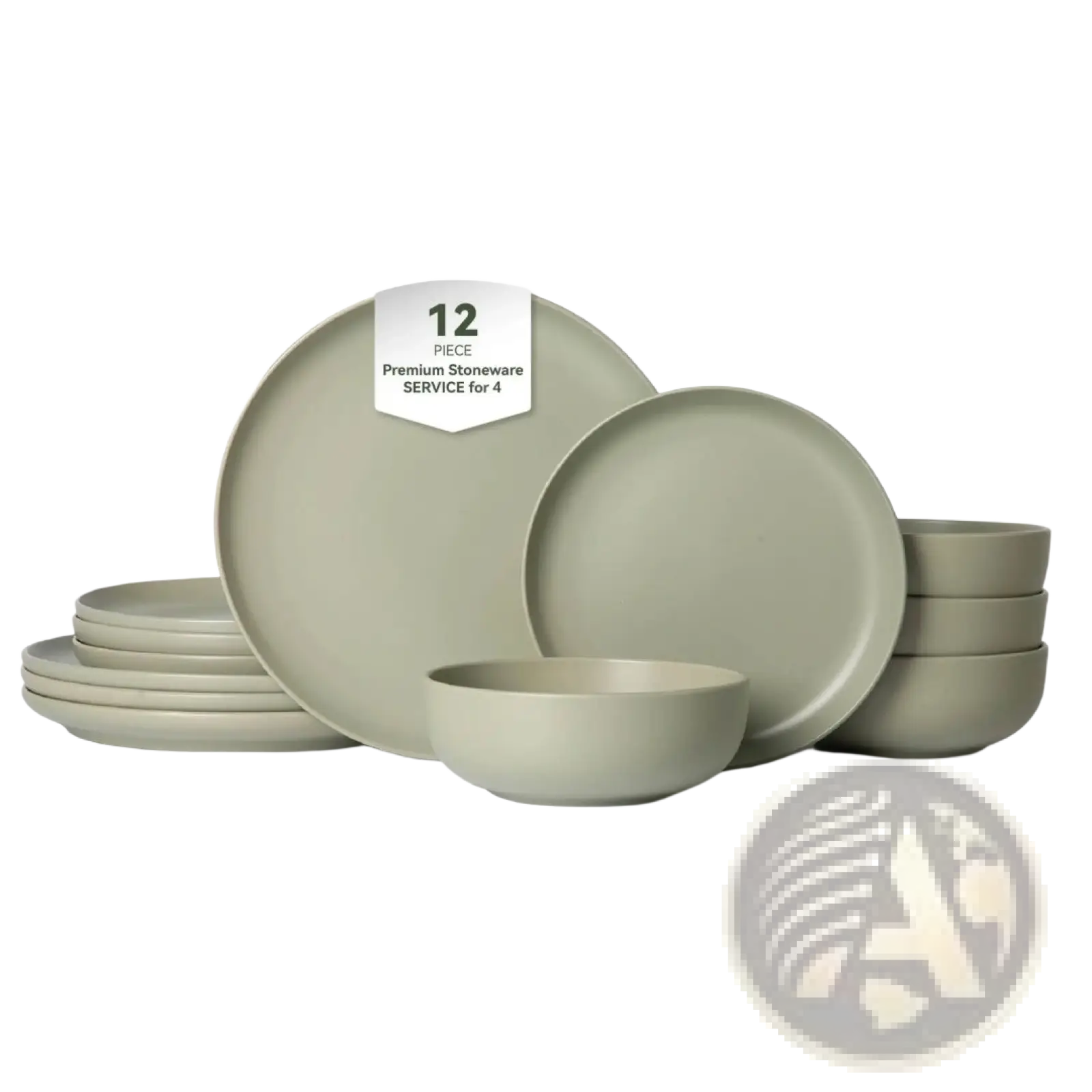 A minimalist 12-piece sage green stoneware dinnerware set with smooth matte-finished plates and bowls for four