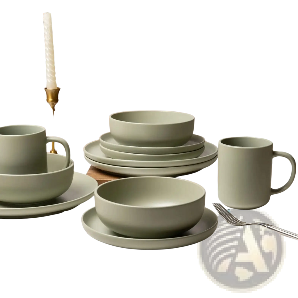 Muted sage green stoneware dinnerware set with minimalist modern design and smooth matte finish for four people