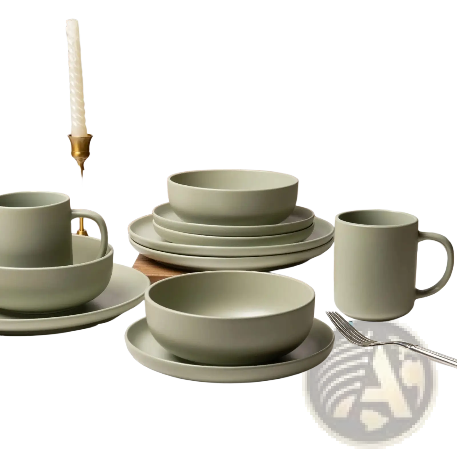 Muted sage green stoneware dinnerware set with minimalist modern design and smooth matte finish for four people