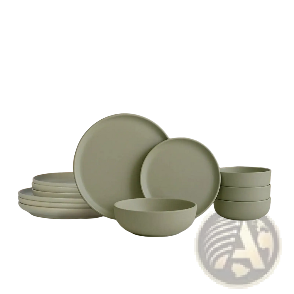 Set of 12 piece matte sage green stoneware dinnerware with minimalist ceramic plates and bowls for four people