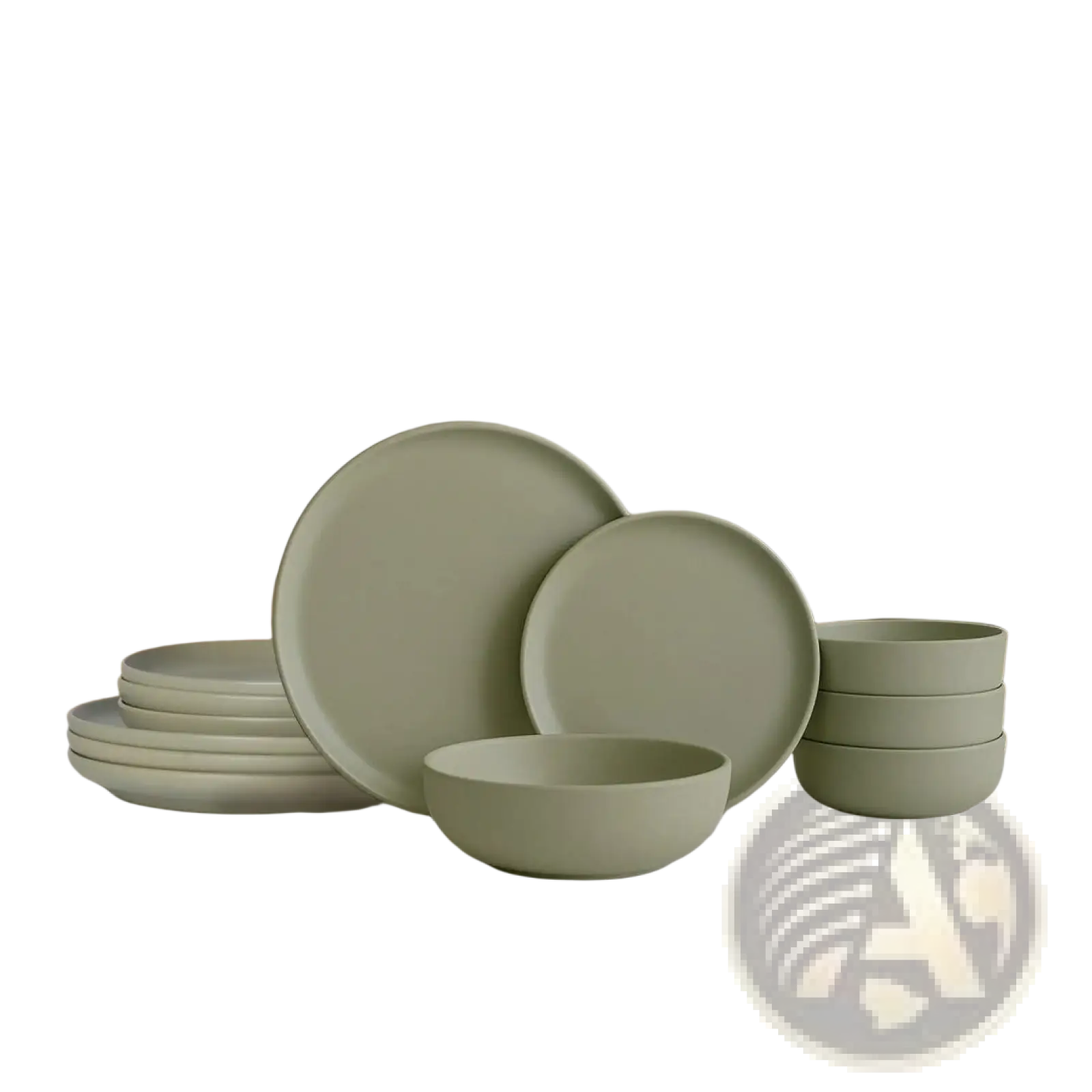 Set of 12 piece matte sage green stoneware dinnerware with minimalist ceramic plates and bowls for four people