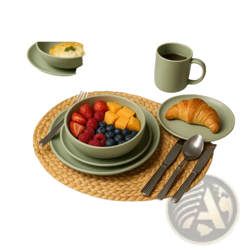 Stoneware dinnerware set 12 piece matte sage green ceramic plates bowls and mugs arranged for breakfast for 4