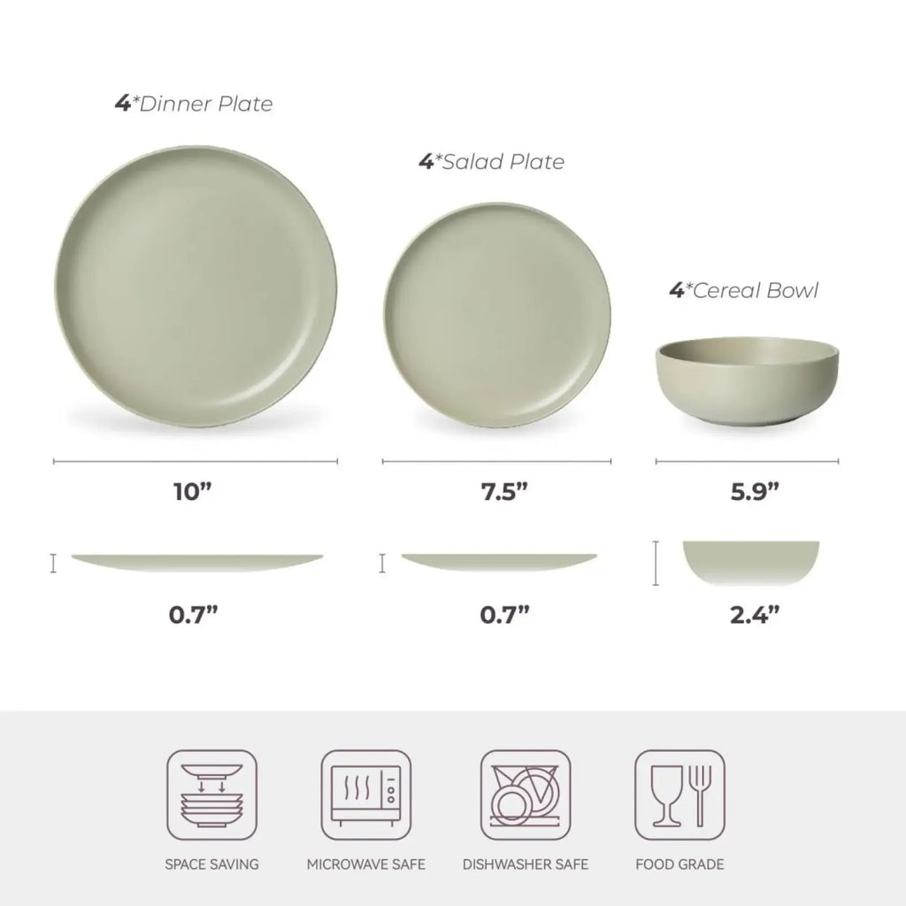 Set of four matte sage green stoneware dinner plates salad plates and cereal bowls with minimalist design for four