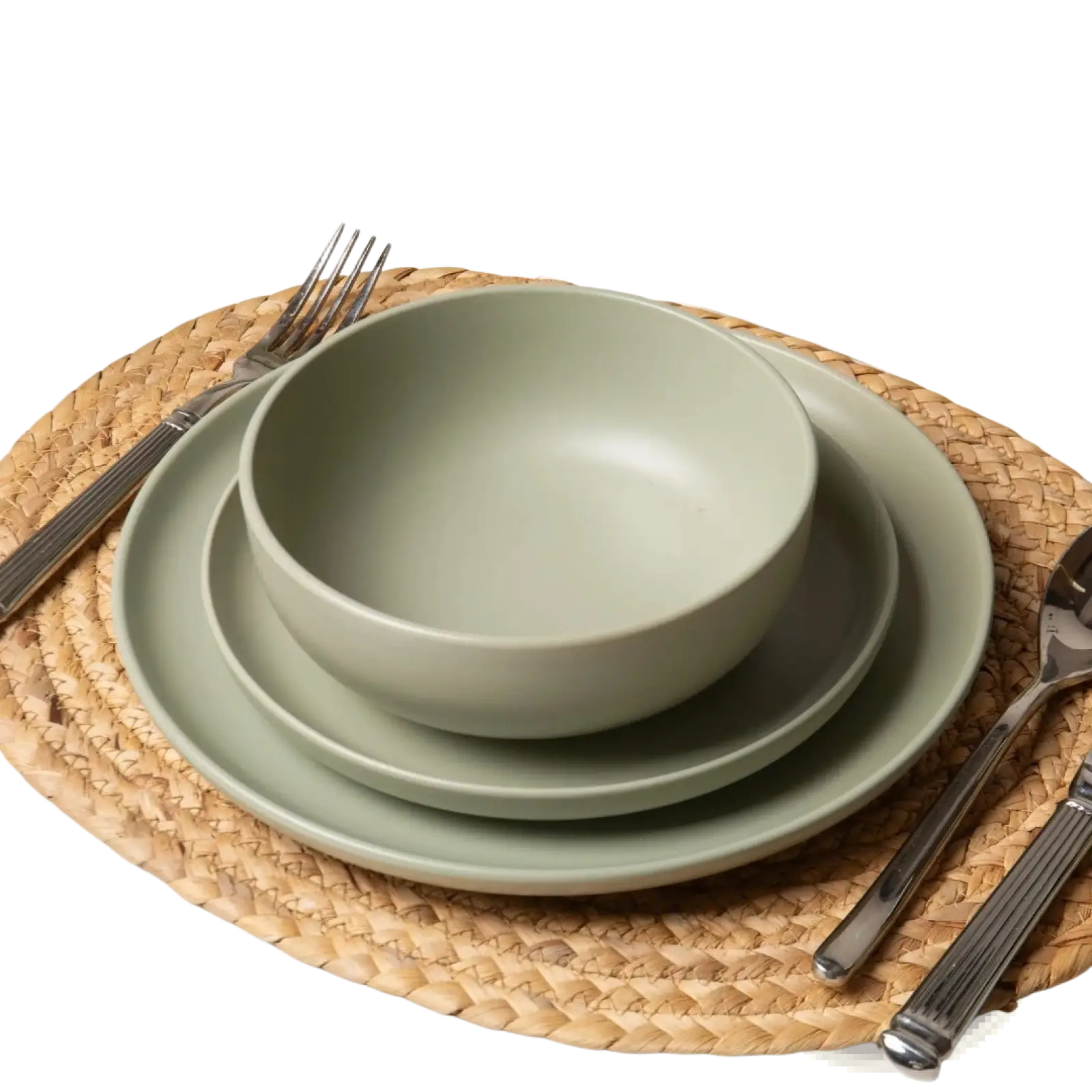 Stoneware dinnerware set 12 piece matte sage green with mint green ceramic bowl and plate stack smooth finish