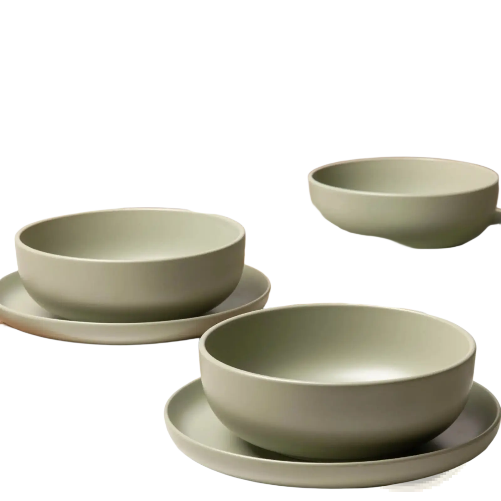 Set of 12 piece matte sage green stoneware dinnerware with minimalist modern design for four people