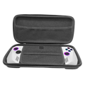 Black zippered hard storage bag for Asus rog ally eva hard case with mesh compartments holding a white gaming device