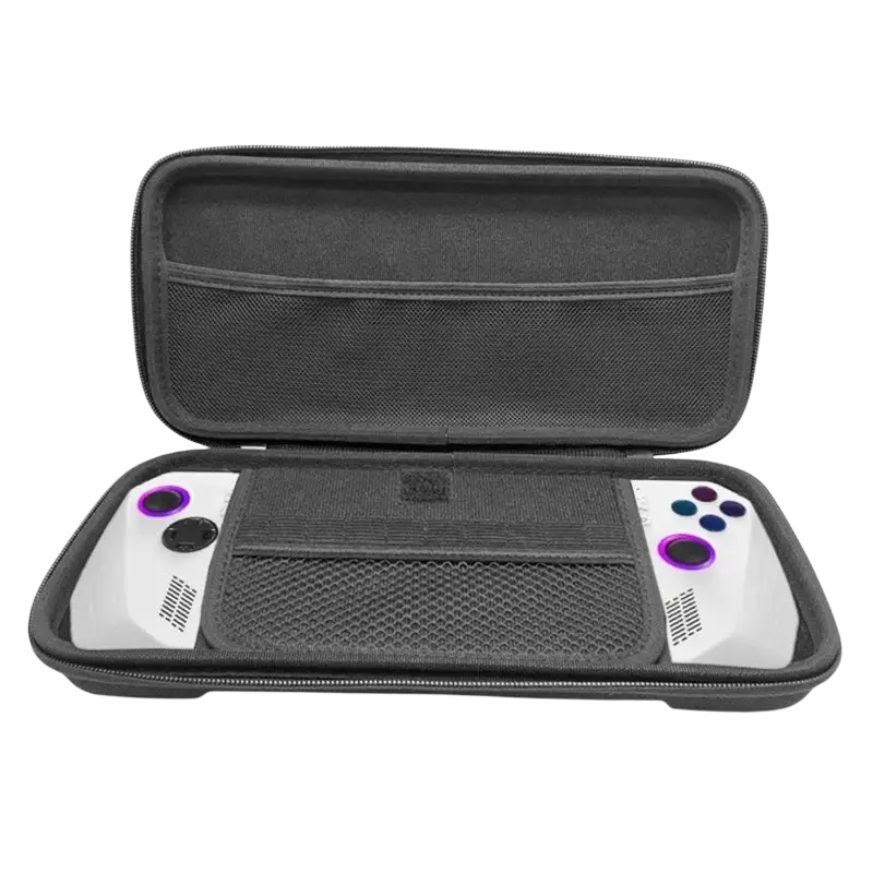 Black zippered hard storage bag for Asus rog ally eva hard case with mesh compartments holding a white gaming device