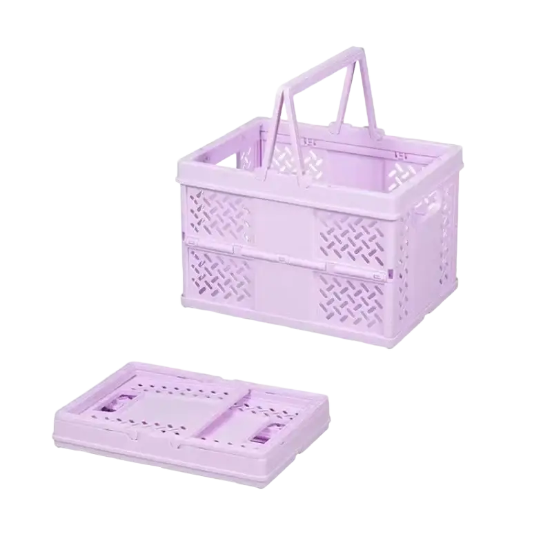 Lavender foldable plastic storage basket with breathable mesh lattice and integrated handle for standard shelves organization