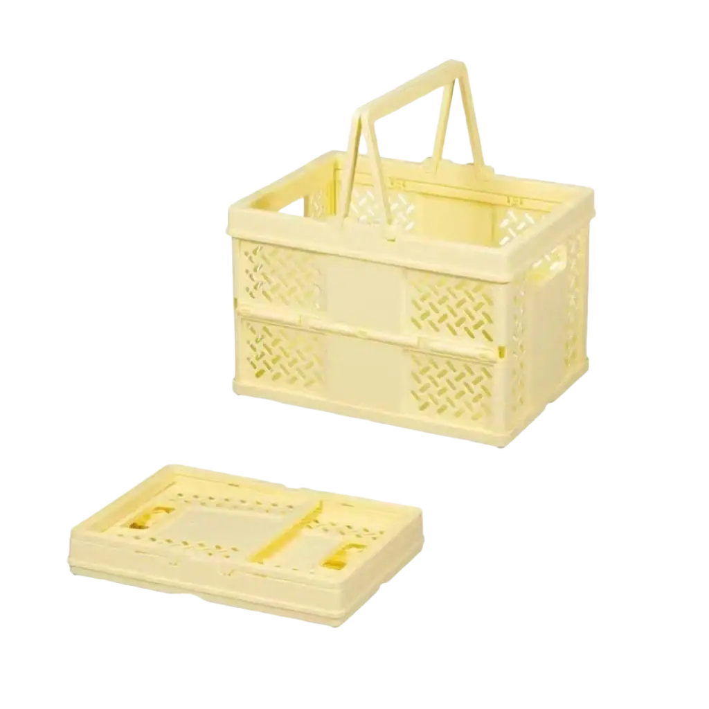 Pale yellow foldable plastic storage basket with breathable mesh sides and handle ideal for desk drawers organization