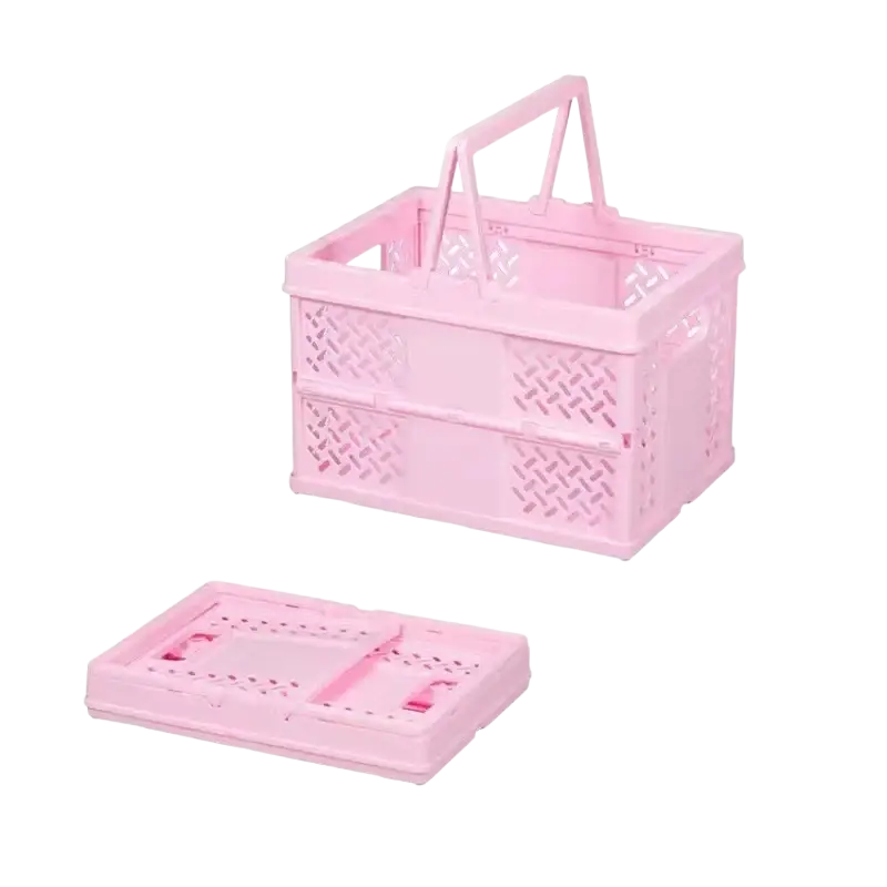 Pink foldable plastic storage basket with breathable mesh sides and handle for organizing desk drawers and storage spaces