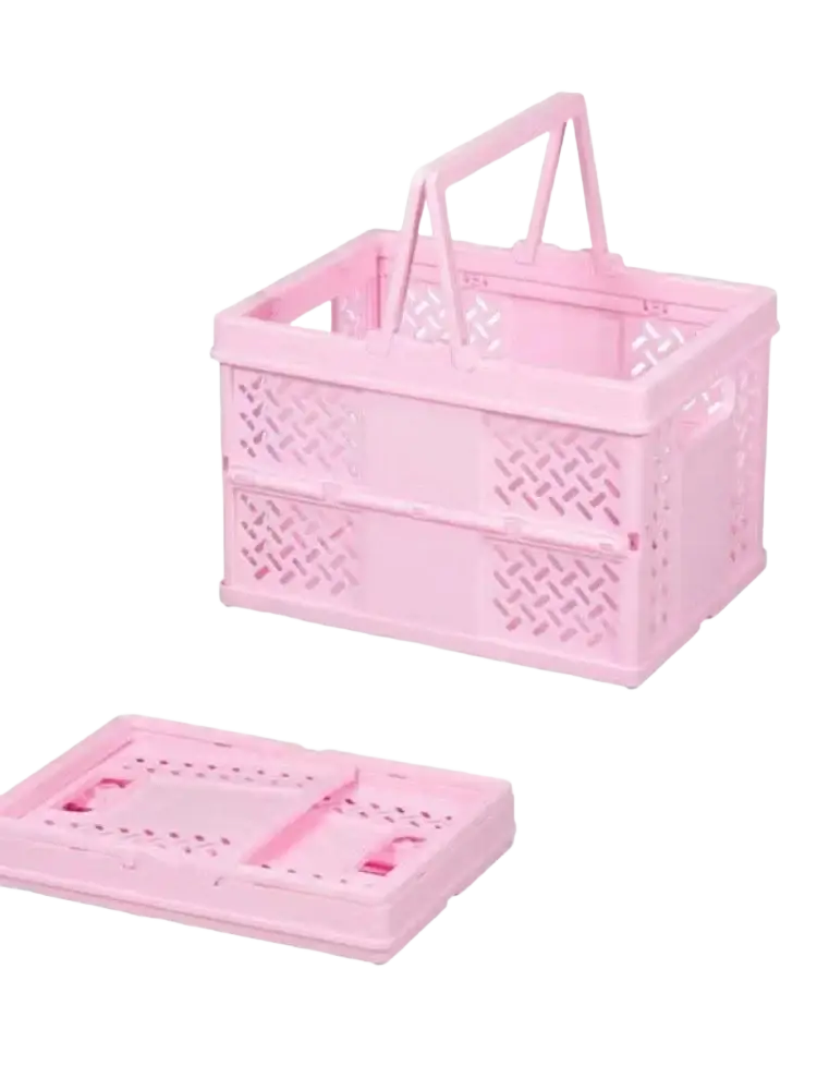 Pink foldable plastic storage basket with breathable mesh sides and handle for organizing standard shelves and desks