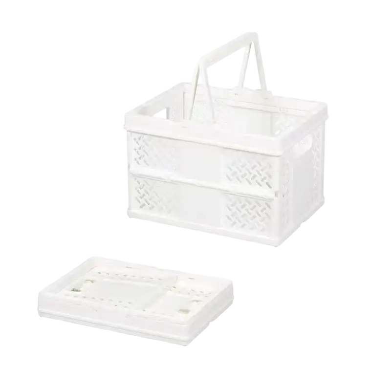 White plastic foldable storage basket with breathable mesh lattice pattern and integrated handle for standard shelves