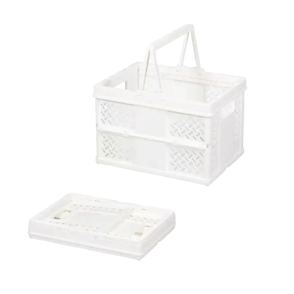 White plastic foldable storage basket with breathable mesh lattice sides and handle for organizing standard shelves
