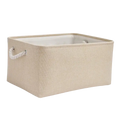Beige woven fabric storage basket with white rope handles and matching interior lining foldable for versatile storage baskets use