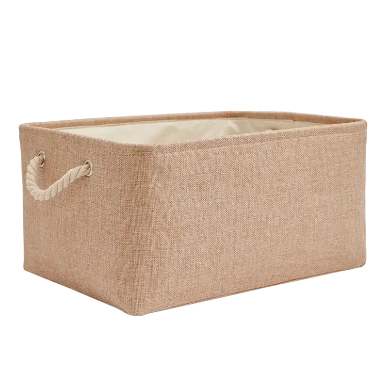 Beige woven fabric storage basket with cream rope handles and matching interior lining for foldable storage baskets