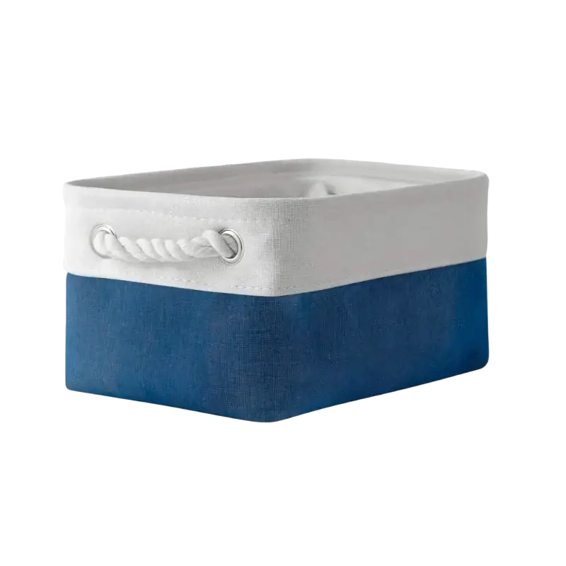 Blue and white foldable fabric storage basket with rope handle designed for organizing and easy transport