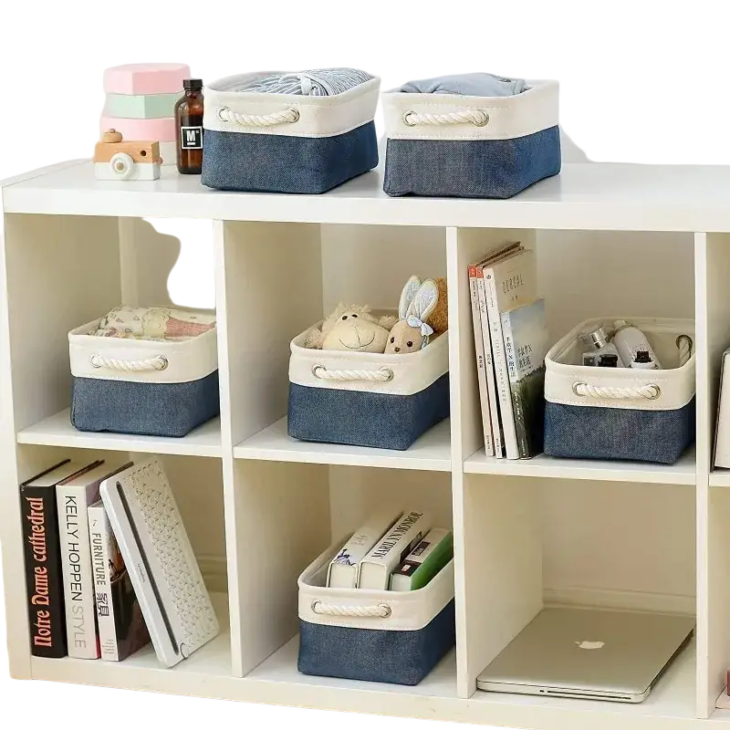 Blue and white denim fabric storage baskets with rope handles foldable fabric bin for organized storage solutions
