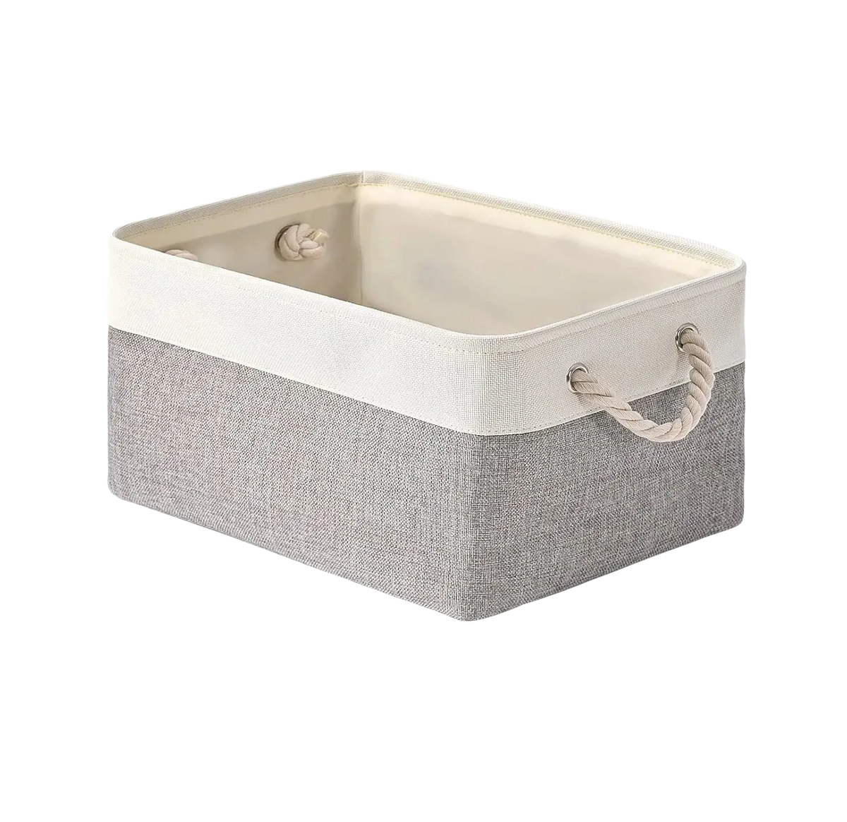 Gray and cream two-tone foldable fabric storage baskets with rope handles for versatile home organization