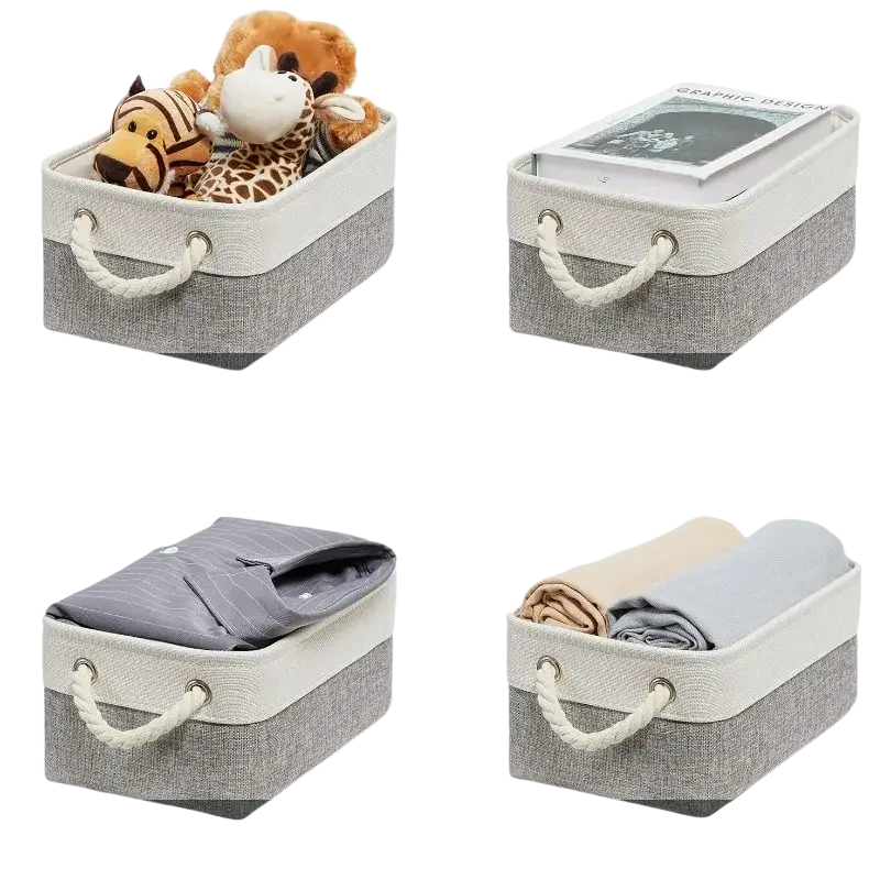 Gray and white woven fabric storage basket foldable bin with rope handles for organized storage baskets solutions