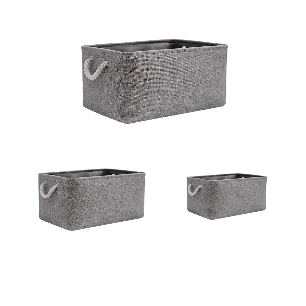 Gray woven fabric storage basket with textured surface and light gray rope handles foldable storage baskets bin