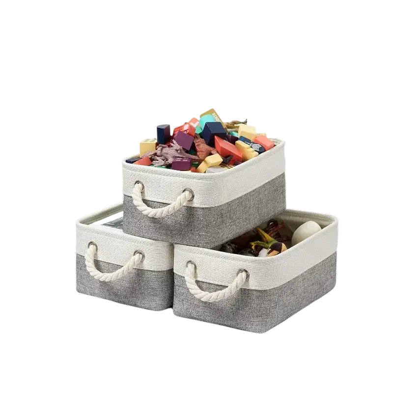 Stacked gray and cream foldable fabric storage baskets with rope handles for versatile home organization