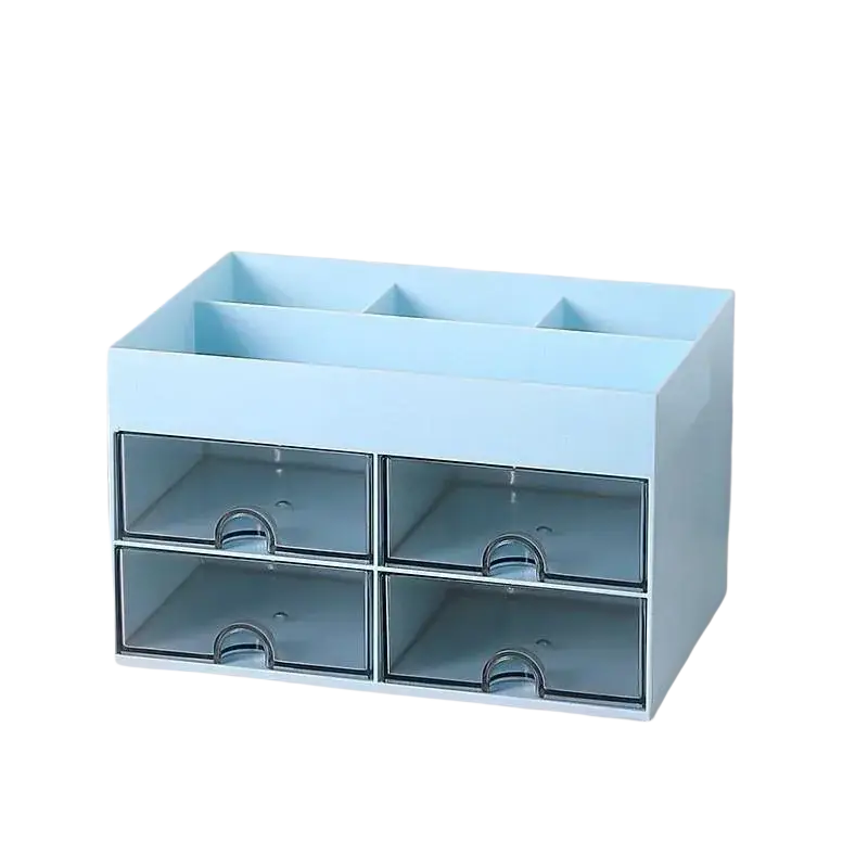 Glacier blue plastic storage box with large capacity four transparent drawers and top compartment in modern minimalist style
