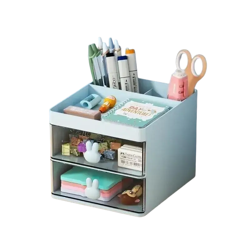 Light blue large capacity storage box with transparent drawers and bunny handle in modern minimalist style for stationery organization